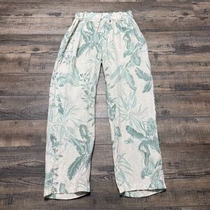 Marisima Tropical Print Linen Wide-Leg Pants Pull On Cream Green Women One Size
